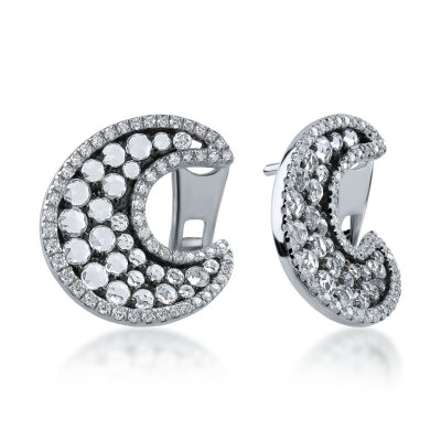 Cercei semiluna din aur alb cu safire albe taietura rose de 1.35ct si diamante de 0.36ct