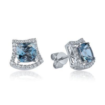 Cercei stud din aur alb cu topaze london blue square de 3.816ct si diamante de 0.407ct