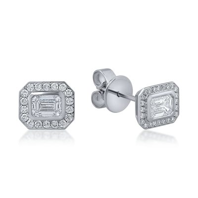 Cercei stud geometrici din aur alb cu diamante emerald si rotunde de 0.7ct