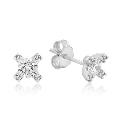 Cercei stud geometrici din aur alb cu zirconia