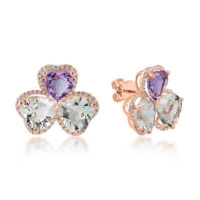 Cercei trifoi din aur roz cu ametiste heart de 8.5ct si diamante de 0.3ct