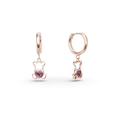 Cercei ursulet din aur roz cu safire roz heart de 0.2ct pentru copii
