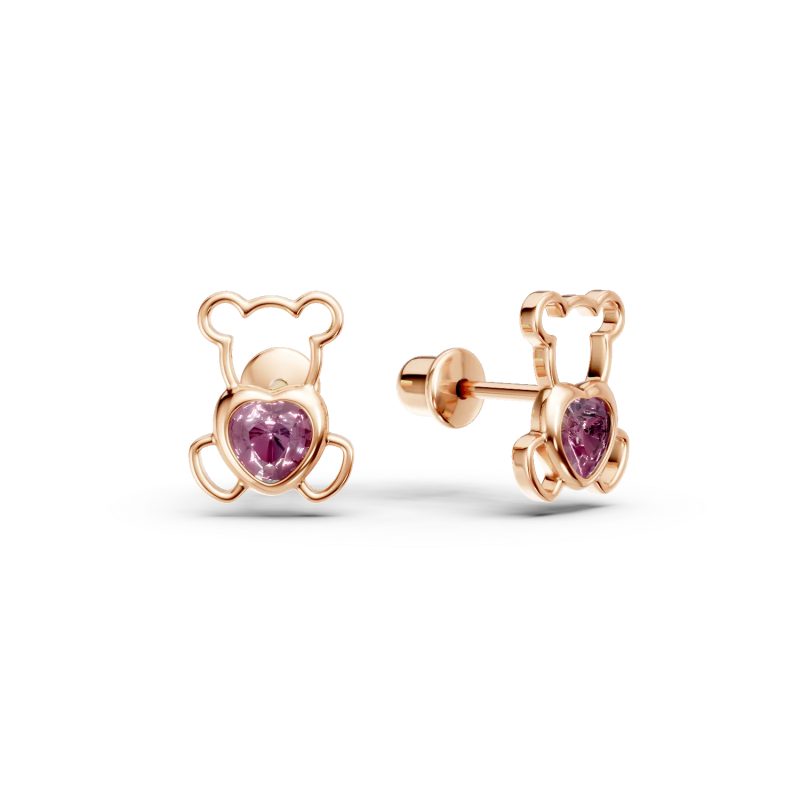 Cercei ursulet din aur roz cu safire roz heart de 0.2ct pentru copii