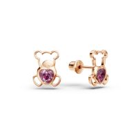 Cercei ursulet din aur roz cu safire roz heart de 0.2ct pentru copii