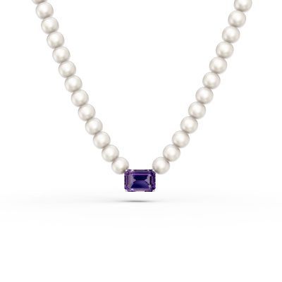 Colier din aur alb cu ametist octogonal de 1.1ct si perle de cultura