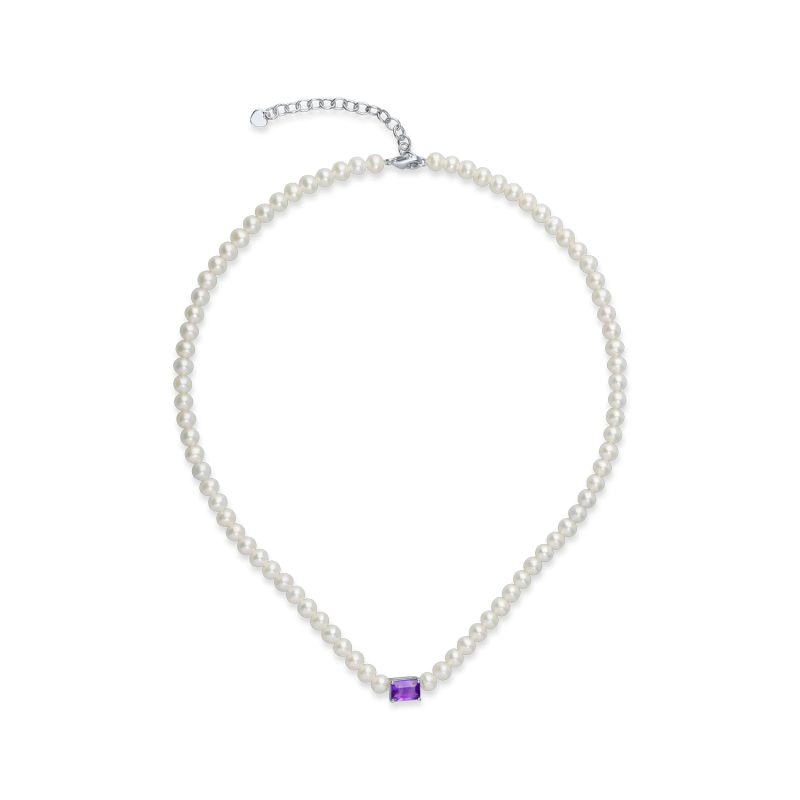 Colier din aur alb cu perle de cultura de 46.2ct si ametist octogonal de 0.9ct