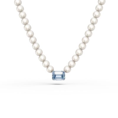 Colier din aur alb cu topaz albastru octogonal de 1.4ct si perle de cultura