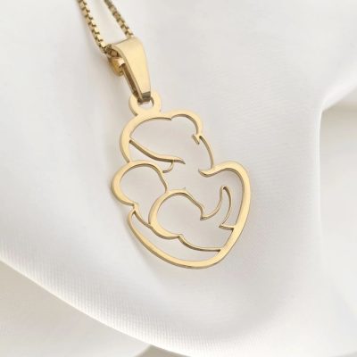 Colier in bratele mamei - Pandantiv decupat mama cu 2 copii - Argint 925 placat cu Aur Galben 18K