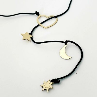 Colier lariat Y - 4 pandantive - Inima si 3 piese la alegere - Aur Galben 14K - snur negru
