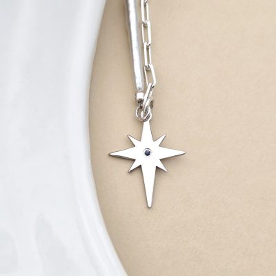Colier Luceafar - Pandantiv stea cu Safir Albastru - Combinatie lant cu Perle Stick & Bilute - Argint 925 Rodiat