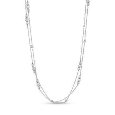 Colier minimalist din aur alb cu diamante de 0.08ct si perle de cultura