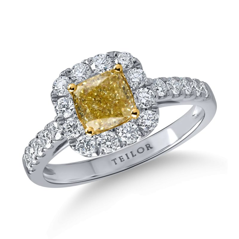 Inel clasic din aur alb-galben cu diamante galbene cushion si diamante incolore de 1.7ct