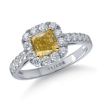 Inel clasic din aur alb-galben cu diamante galbene cushion si diamante incolore de 1.7ct