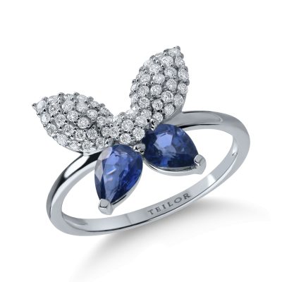 Inel cu fluture din aur alb cu safire pear de 1.02ct si diamante de 0.28ct
