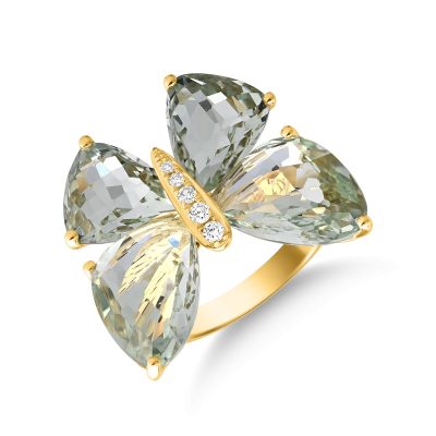 Inel cu fluture din aur galben cu ametiste verzi de 12.4ct si diamante de 0.07ct