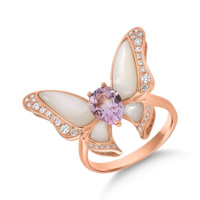 Inel cu fluture din aur roz cu pietre pretioase si semipretioase de 4.2ct