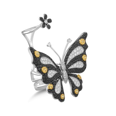 Inel cu fluture si floare din aur alb cu pietre pretioase de 3.53ct