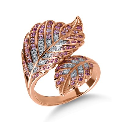 Inel cu frunza din aur roz cu diamante de 0.22ct si safire roz de 0.67ct