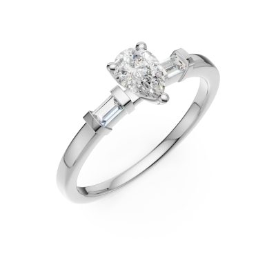 Inel de logodna din aur alb cu diamant pear de 0.4ct si diamante baguette de 0.08ct