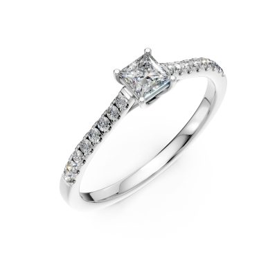 Inel de logodna din aur alb cu diamant princess de 0.3ct si diamante de 0.1ct