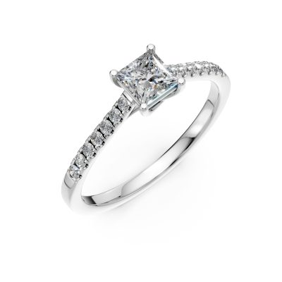 Inel de logodna din aur alb cu diamant princess de 0.4ct si diamante de 0.1ct