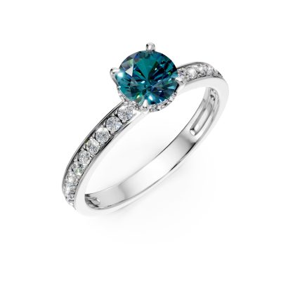 Inel de logodna din aur alb cu diamante albastre si incolore de 0.6ct