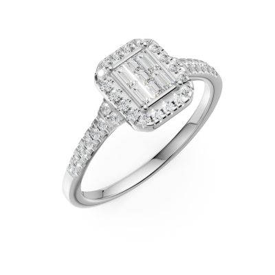 Inel de logodna din aur alb cu diamante baguette, princess si rotunde de 0.3ct