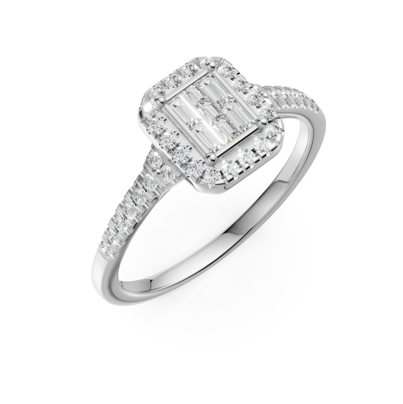Inel de logodna din aur alb cu diamante baguette, princess si rotunde de 0.3ct