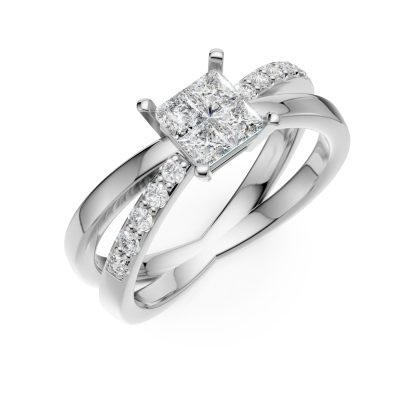 Inel de logodna din aur alb cu diamante princess de 0.37ct si diamante de 0.09ct