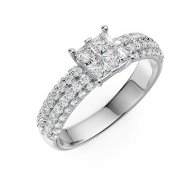 Inel de logodna din aur alb cu diamante princess si rotunde de 0.9ct