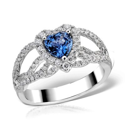 Inel de logodna din aur alb cu safir heart de 1.1ct si diamante de 0.7ct