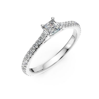 Inel de logodna din aur alb cu un diamant princess de 0.2ct si diamante de 0.1ct