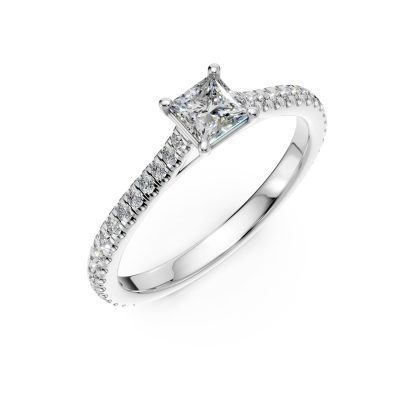 Inel de logodna din aur alb cu un diamant princess de 0.3ct si diamante de 0.1ct