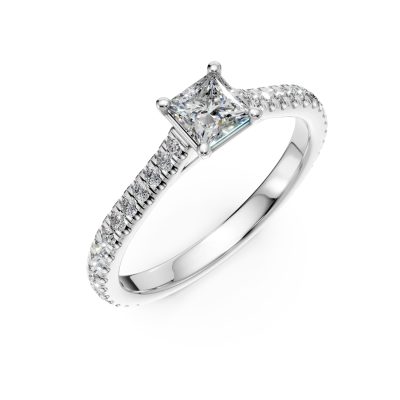 Inel de logodna din aur alb cu un diamant princess de 0.4ct si diamante de 0.1ct