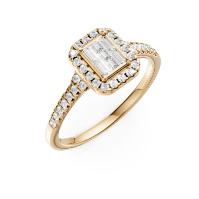 Inel de logodna din aur galben cu diamante princess, baguette si rotunde de 0.39ct