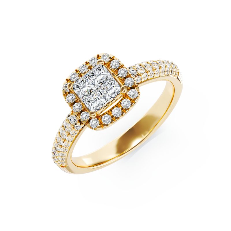 Inel de logodna din aur galben cu diamante princess si rotunde de 0.5ct
