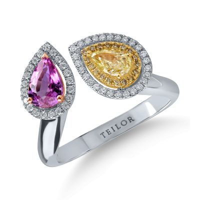 Inel deschis din aur alb cu diamant fancy galben pear de 0.3ct, safir roz de 0.8ct si diamante galbene si incolore de 0.1ct