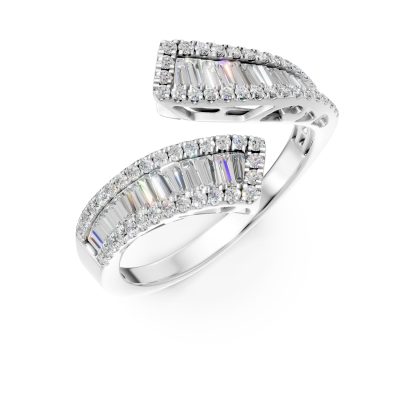 Inel deschis din aur alb cu diamante baguette si rotunde de 0.94ct