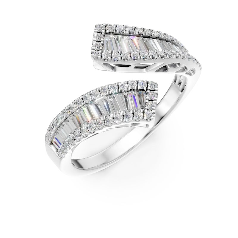 Inel deschis din aur alb cu diamante baguette si rotunde de 0.94ct