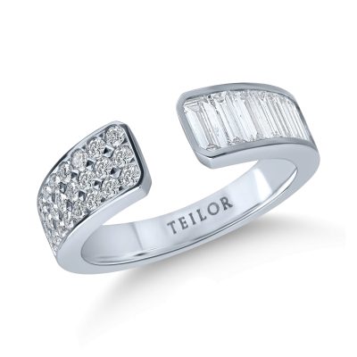 Inel deschis din aur alb cu diamante baguette si rotunde de 1.3ct