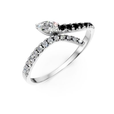 Inel deschis din aur alb cu diamante negre si diamante incolore pear si rotunde de 0.3ct