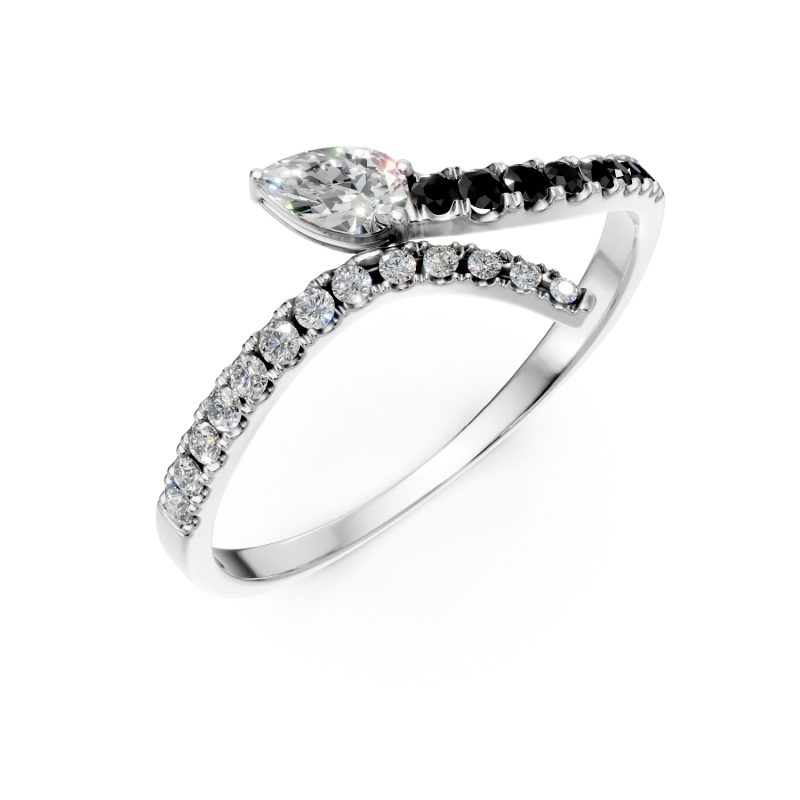 Inel deschis din aur alb cu diamante negre si diamante incolore pear si rotunde de 0.3ct