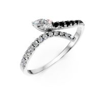 Inel deschis din aur alb cu diamante negre si diamante incolore pear si rotunde de 0.3ct
