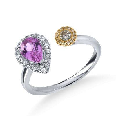 Inel deschis din aur alb cu diamante si safir roz pear de 1.1ct