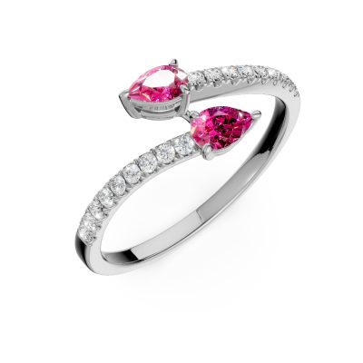 Inel deschis din aur alb cu rubine pear de 0.3ct si diamante de 0.1ct