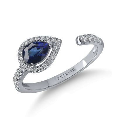 Inel deschis din aur alb cu safir pear de 0.6ct si diamante de 0.2ct