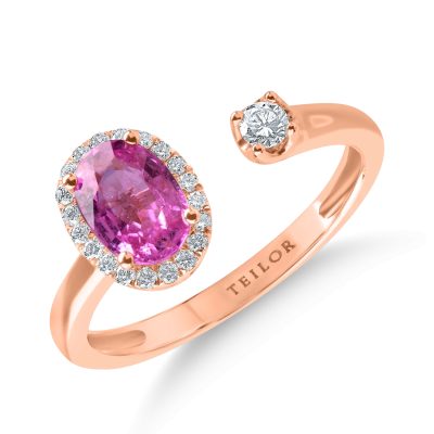 Inel deschis din aur roz cu safire roz de 0.97ct si diamante de 0.15ct