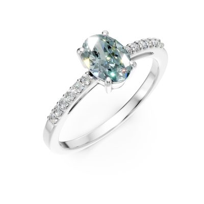 Inel din aur alb cu acvamarin oval de 0.6ct si diamante de 0.09ct