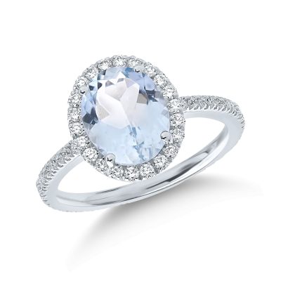 Inel din aur alb cu acvamarin oval de 2.2ct si diamante de 0.5ct