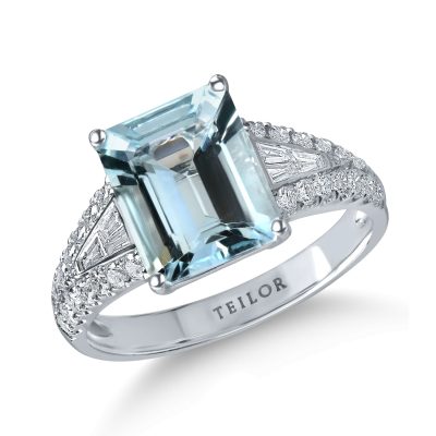 Inel din aur alb cu acvamarin rectangular de 2.4ct si diamante de 0.5ct